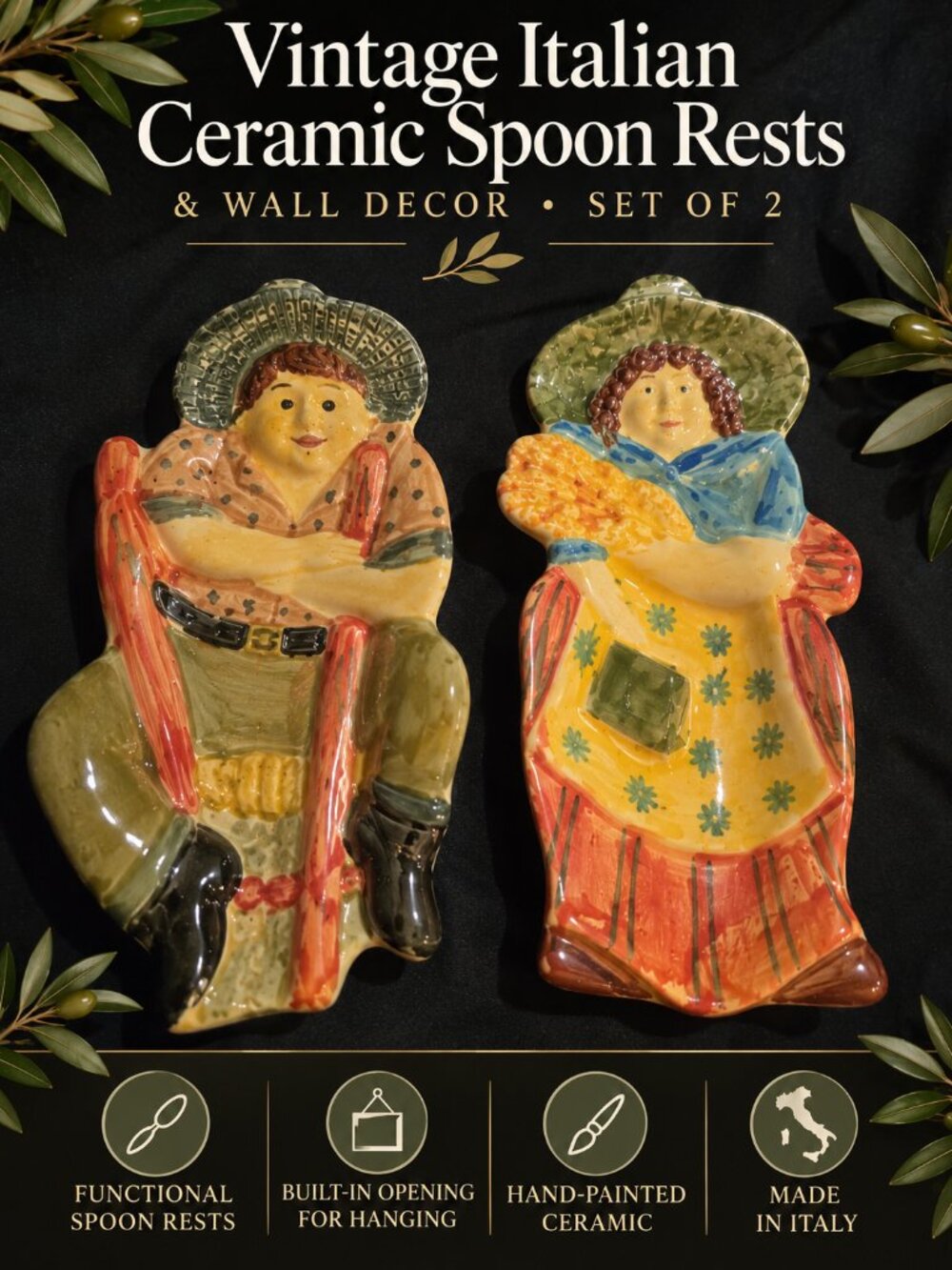 Vintage Italian Hand Painted Ceramic Spoon Rests Set of 2 Man Woman Wall Decor